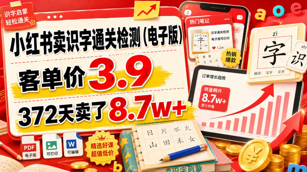 小红书卖识字通关检测(电子版),客单价3.9,372天卖了8.7w+-云科数创