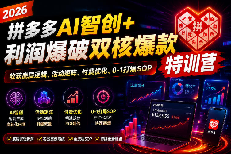 2026拼多多AI智创+利润爆破双核爆款特训营,收获底层逻辑、活动矩阵、付费优化、0-1打爆SOP-云科数创