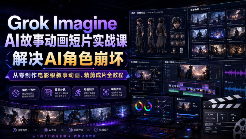 Grok Imagine AI故事动画短片实战课|解决AI角色崩坏,从零制作电影级叙事动画、精剪成片全教程(中英字幕)-云科数创