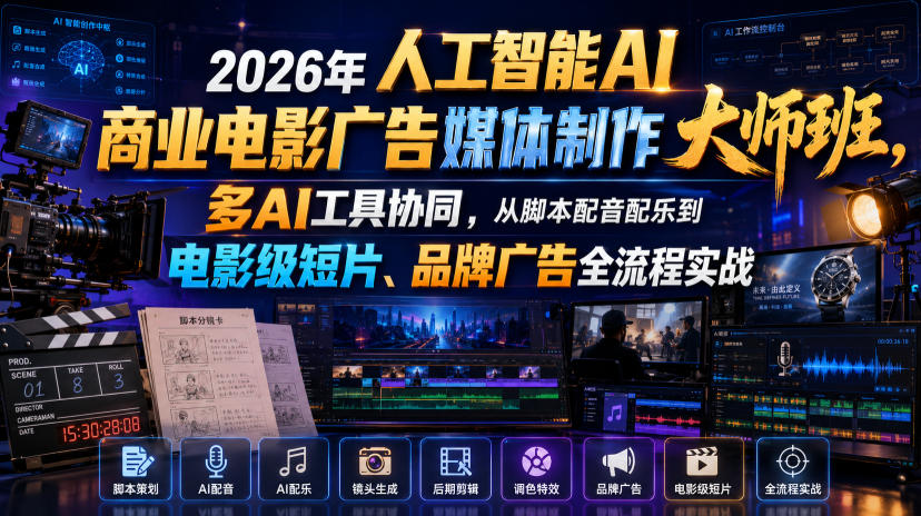 2026年人工智能AI商业电影广告媒体制作大师班,多AI工具协同,从脚本配音配乐到电影级短片、品牌广告全流程实战(中英字幕)-云科数创
