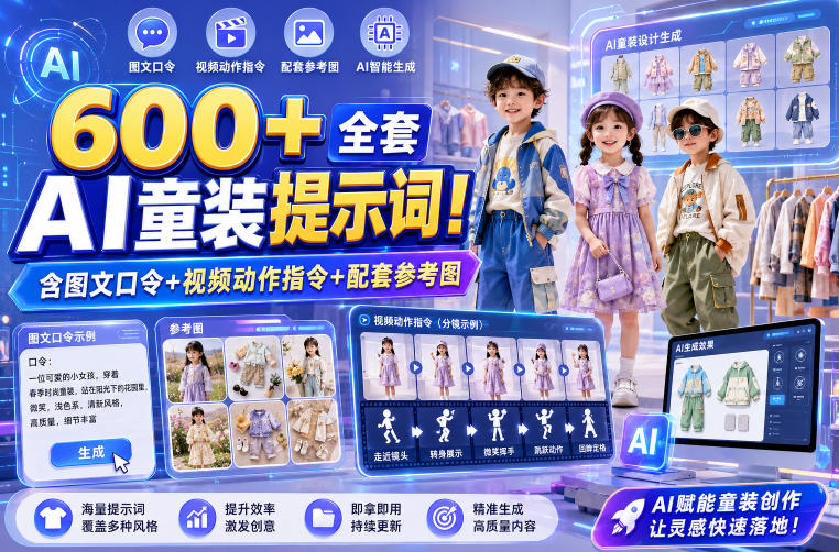 600+全套AI童装提示词!含图文口令+视频动作指令+配套参考图,Word-Excel规整分类,童装电商、种草无脑量产内容!-云科数创