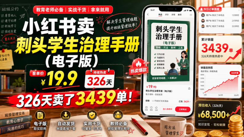 小红书卖刺头学生治理手册(电子版),客单价19.9,326天卖了3439单!-云科数创