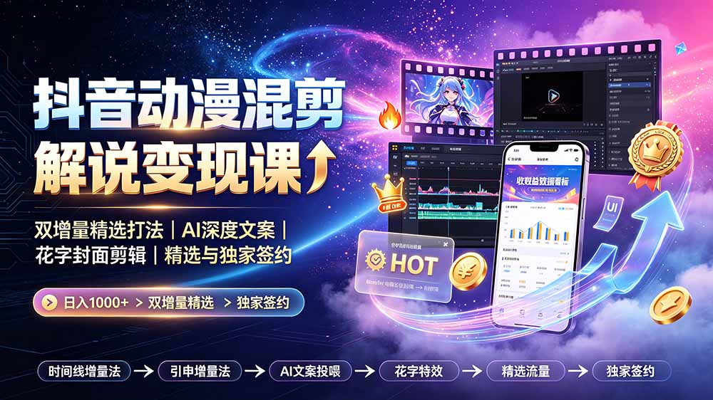 抖音动漫混剪解说变现课:双增量精选打法|AI深度文案|花字封面剪辑| 精选与独家签约日入1000+-云科数创