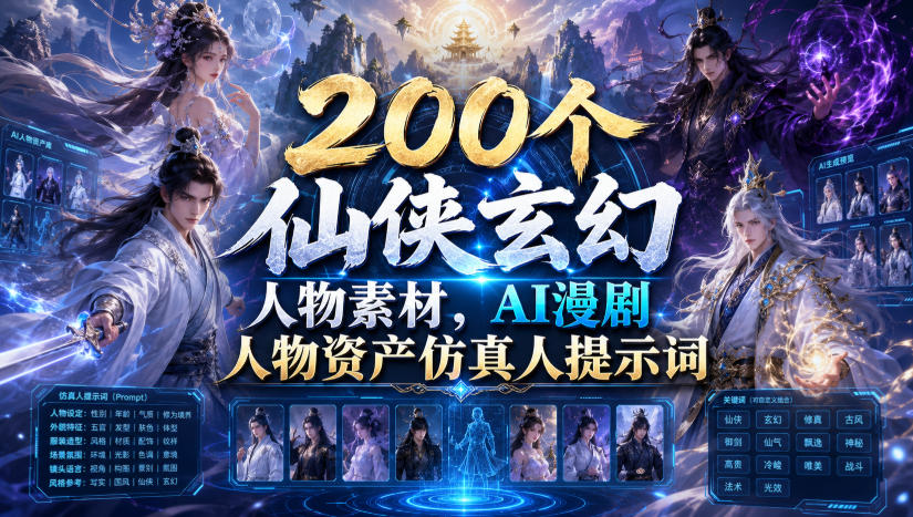 200个仙侠玄幻人物素材,AI漫剧人物资产仿真人提示词-云科数创