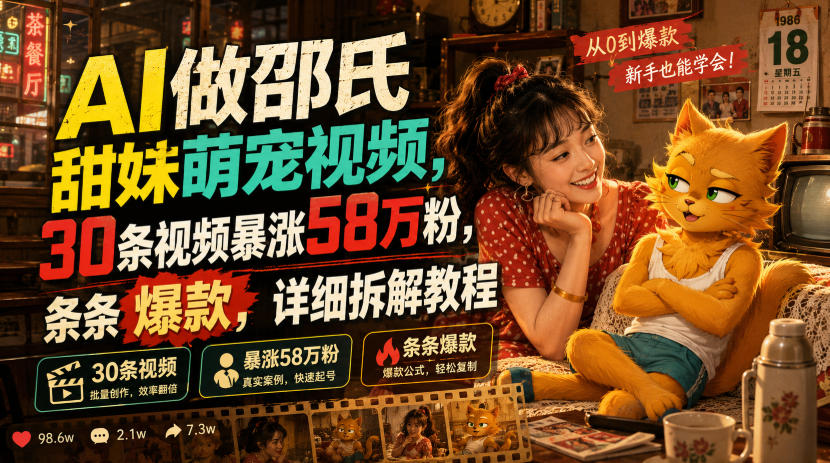 AI做邵氏甜妹萌宠视频,30条视频暴涨58万粉,条条爆款,详细拆解教程-云科数创