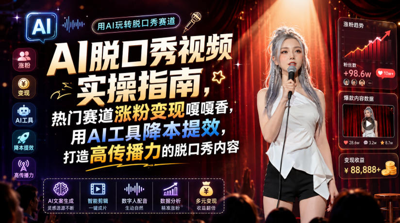 AI脱口秀视频实操指南,热门赛道涨粉变现嘎嘎香,用AI工具降本提效,打造高传播力的脱口秀内容-云科数创