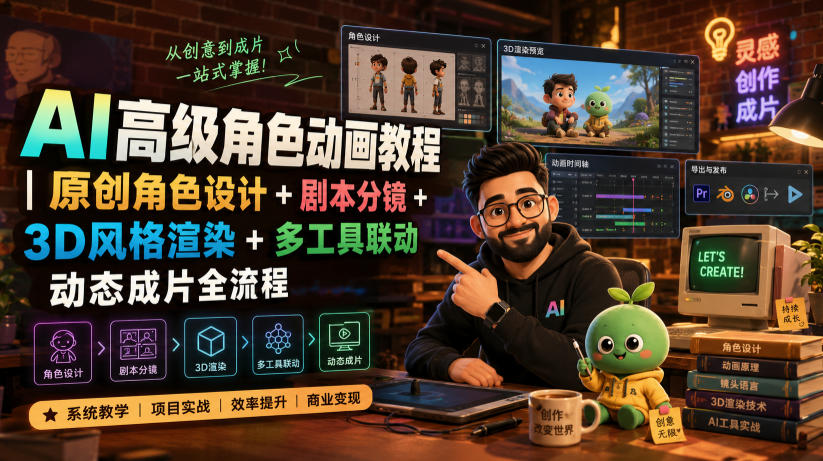 AI高级角色动画教程|原创角色设计+剧本分镜+3D风格渲染+多工具联动动态成片全流程【中英字幕】-云科数创