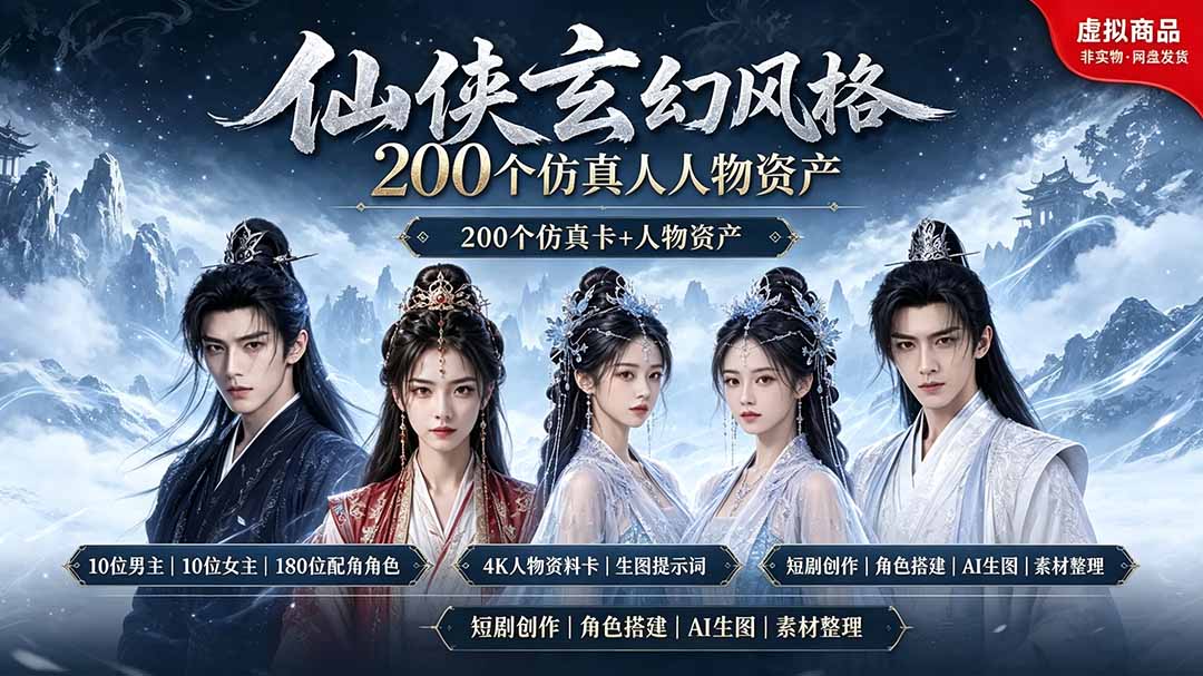200个仙侠玄幻仿真人素材◆10男主×10女主×180配角,4K资料卡+AI生图提示词,漫剧必备-云科数创