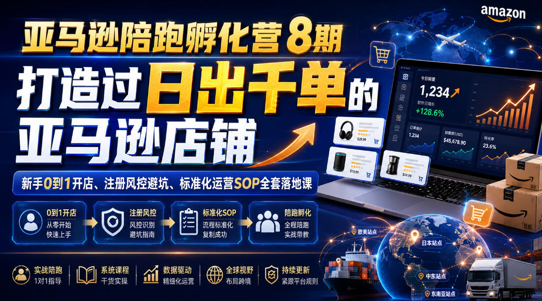 亚马逊陪跑孵化营8期,打造过日出千单的亚马逊店铺,新手0到1开店、注册风控避坑、标准化运营SOP全套落地课-云科数创