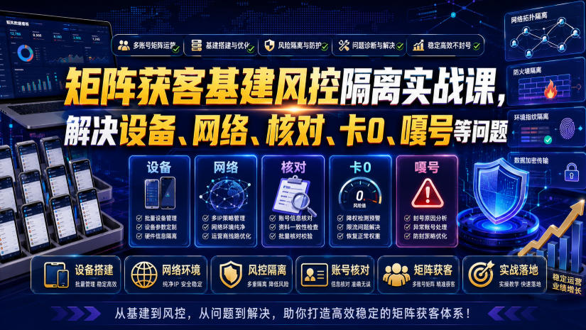 矩阵获客基建风控隔离实战课，解决设备、网络、核对、卡0、嘎号等问题-云科数创