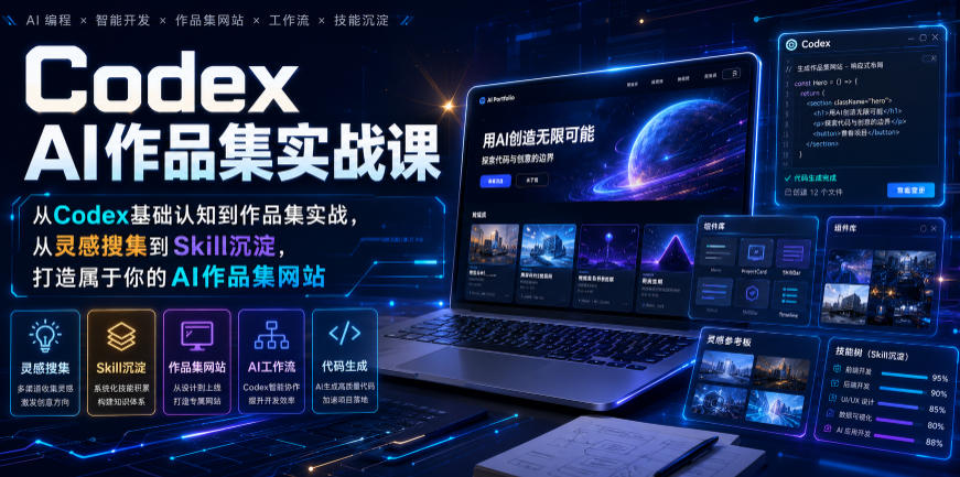 Codex AI作品集实战课，从Codex基础认知到作品集实战，从灵感搜集到Skill沉淀，打造属于你的AI作品集网站-云科数创