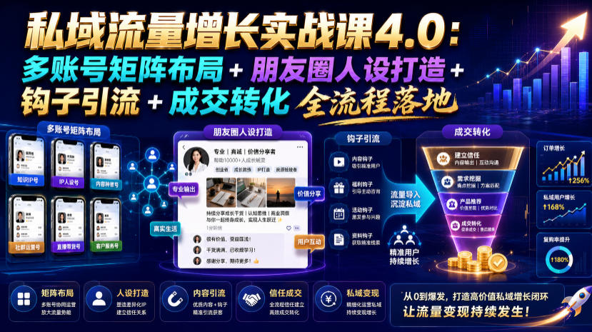 私域流量增长实战课4.0：多账号矩阵布局+朋友圈人设打造+钩子引流+成交转化全流程落地-云科数创
