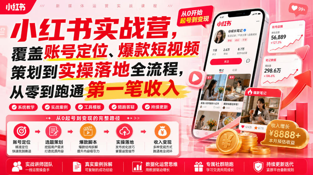小红书实战营,覆盖账号定位、爆款短视频策划到实操落地全流程,从零到跑通第一笔收入-云科数创