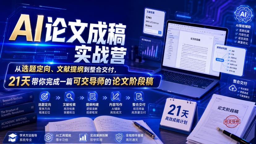 AI论文成稿实战营,从选题定向、文献提纲到整合交付,21天带你完成一篇可交导师的论文阶段稿-云科数创