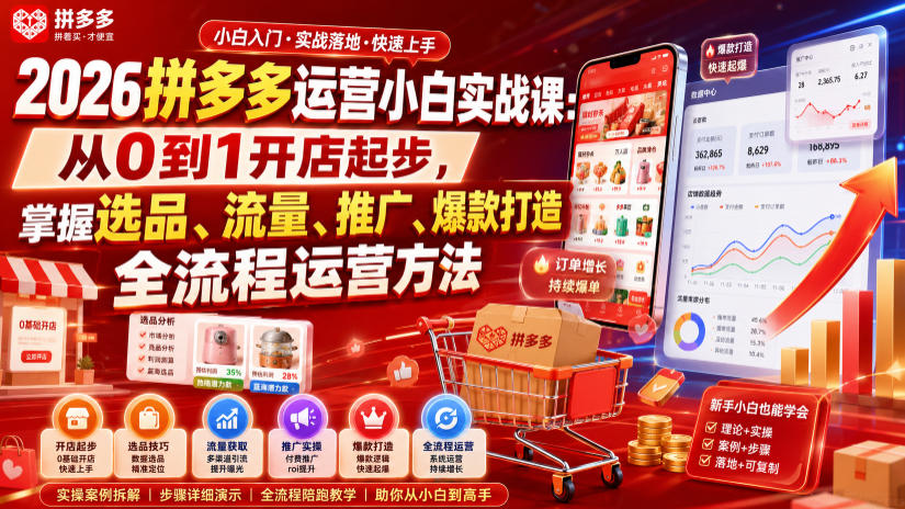 2026拼多多运营小白实战课:从0到1开店起步,掌握选品、流量、推广、爆款打造全流程运营方法-云科数创