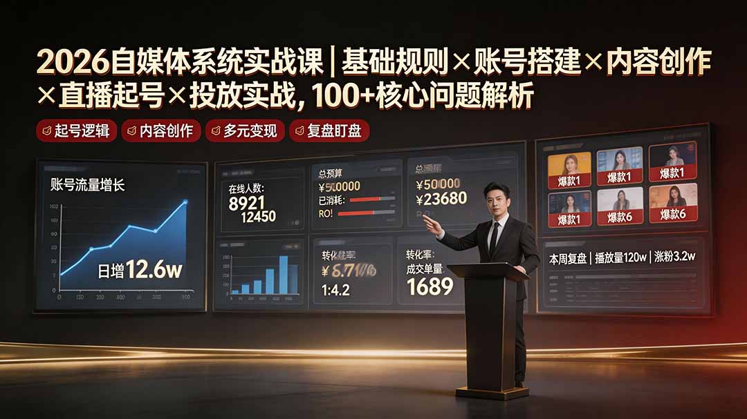 2026自媒体系统实战课|基础规则×账号搭建×内容创作×直播起号×投放实战,100+核心问题解析-云科数创