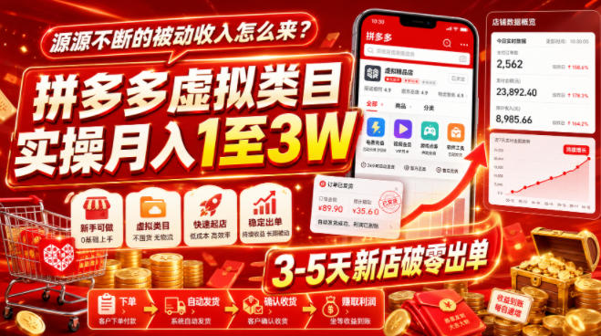 源源不断的被动收入怎么来?拼多多虚拟类目实操月入1至3W,3-5天新店破零出单-云科数创