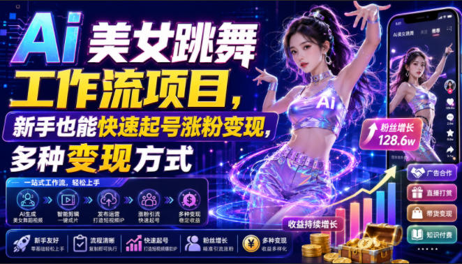 Ai美女跳舞工作流项目，新手也能快速起号涨粉变现，多种变现方式-云科数创