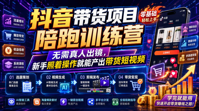 抖音带货项目陪跑训练营，无需真人出镜，新手照着操作就能产出带货短视频-云科数创