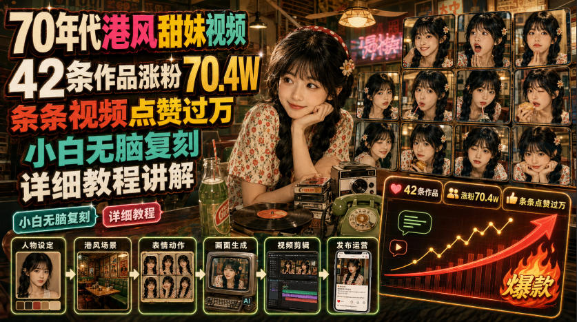 70年代港风甜妹视频，42条作品涨粉70.4W，条条视频点赞过万，小白无脑复刻，详细教程讲解-云科数创