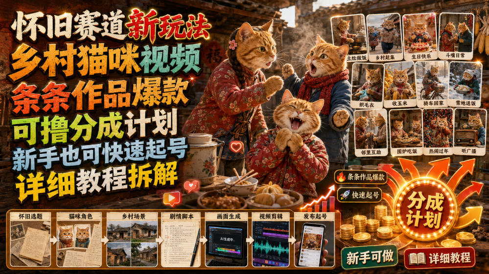 怀旧赛道新玩法，乡村猫咪视频，条条作品爆款，可撸分成计划，新手也可快速起号，详细教程拆解-云科数创