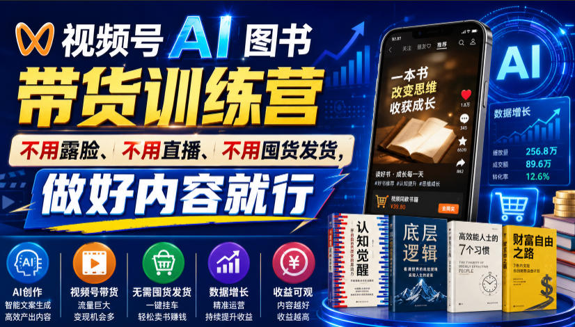 视频号AI图书带货训练营，不用露脸、不用直播、不用囤货发货，做好内容就行，一条爆款视频佣金8942-云科数创