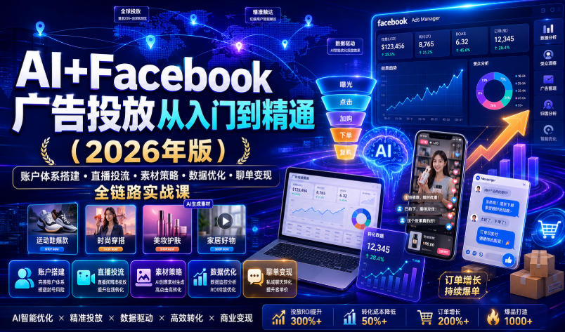 AI+Facebook广告投放从入门到精通(2026年版)｜账户体系搭建・直播投流・素材策略・数据优化・聊单变现全链路实战课-云科数创
