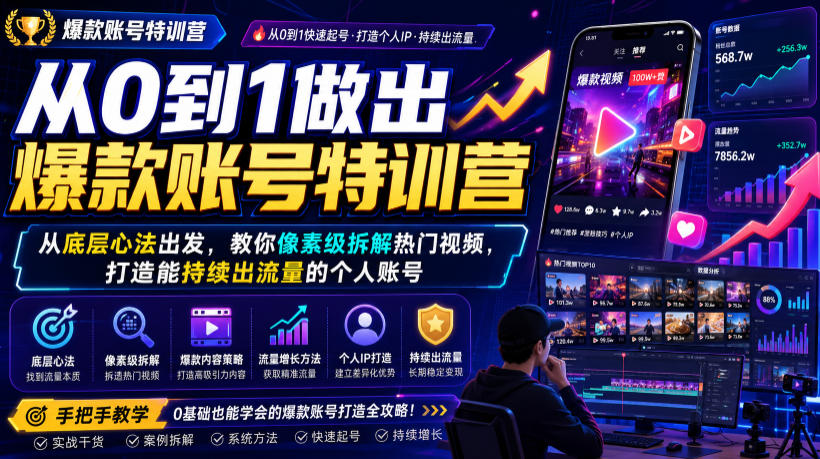 从0到1做出爆款账号特训营，从底层心法出发，教你像素级拆解热门视频，打造能持续出流量的个人账号-云科数创