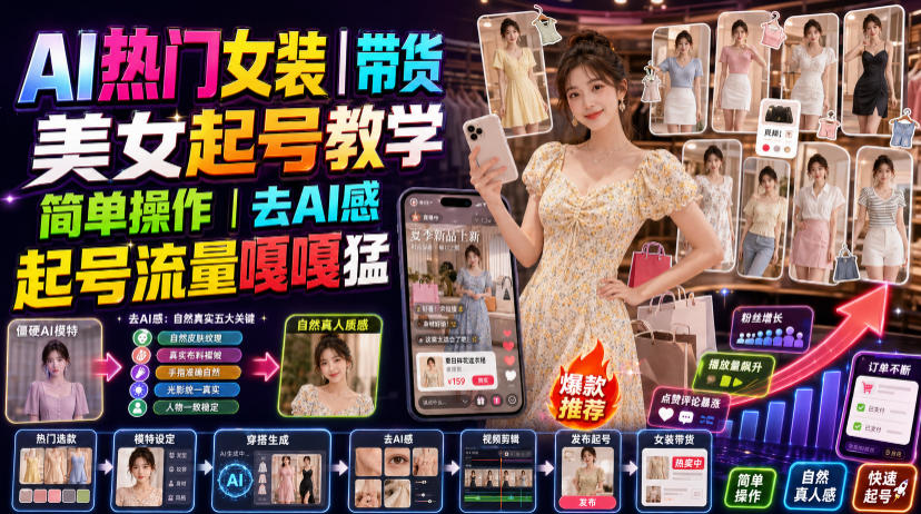 AI热门女装带货丨美女起号教学，简单操作，去AI感，起号流量嘎嘎猛-云科数创