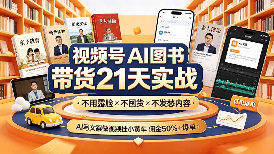 视频号AI图书带货21天实战：不用露脸×不囤货×不发愁内容，AI写文案做视频挂小黄车，佣金50%+爆单-云科数创