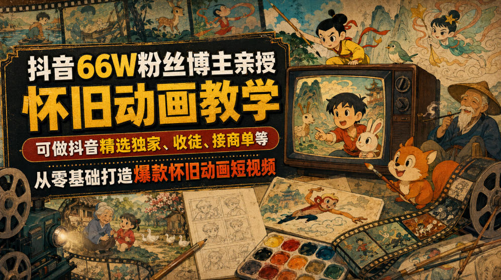 抖音66W粉丝博主亲授怀旧动画教学，可做抖音精选独家、收徒、接商单等，从零基础打造爆款怀旧动画短视频-云科数创