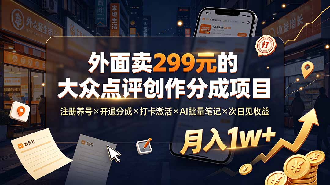 外面卖299元的大众点评创作分成项目：注册养号×开通分成×打卡激活×AI批量笔记×次日见收益，月入1w+-云科数创