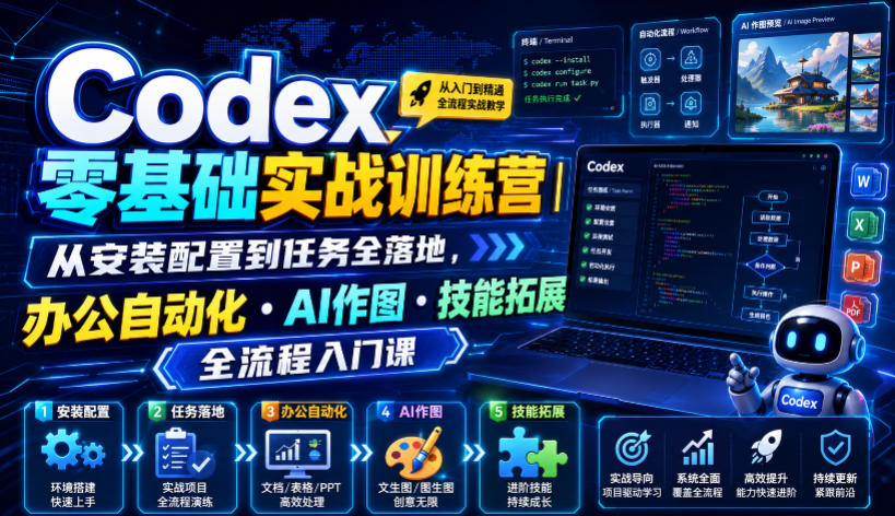Codex零基础实战训练营｜从安装配置到任务全落地，办公自动化・AI作图・技能拓展全流程入门课-云科数创