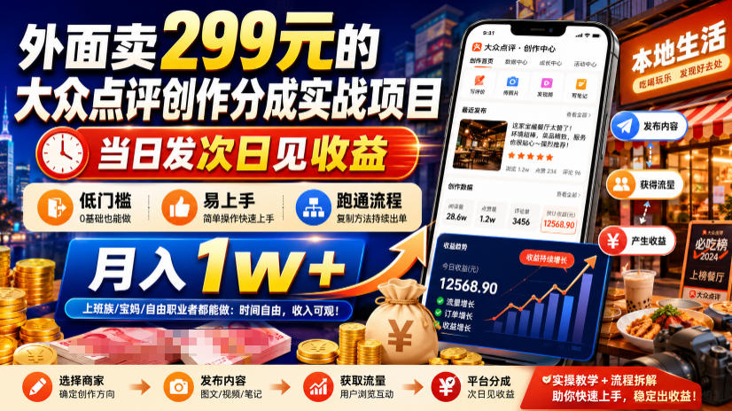 外面卖299元的大众点评创作分成实战项目，当日发次日见收益，低门槛易上手，跑通流程月入1w+-云科数创