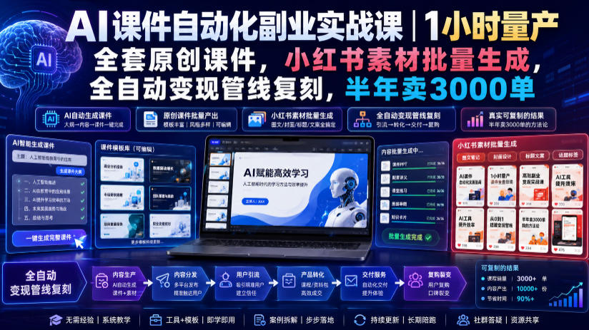 AI课件自动化副业实战课｜1小时量产全套原创课件，小红书素材批量生成，全自动变现管线复刻，半年卖3000单-云科数创