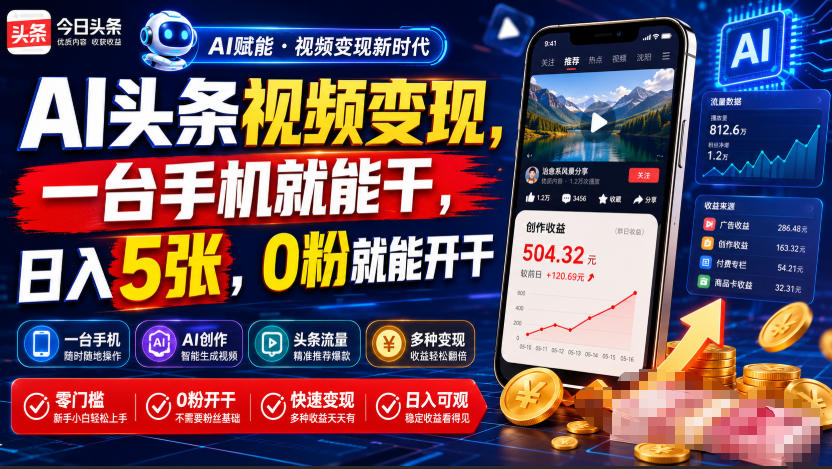 AI头条视频变现，一台手机就能干，日入5张，0粉就能开干-云科数创