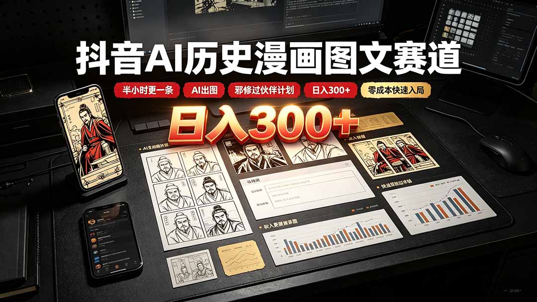 抖音AI历史漫画图文赛道：半小时更一条×AI出图×邪修过伙伴计划×日入300+，零成本快速入局-云科数创