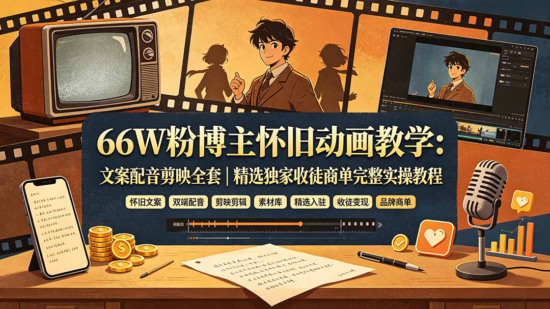 66W粉博主怀旧动画教学：文案配音剪映全套｜精选独家收徒商单完整实操教程-云科数创