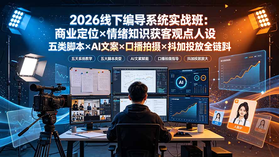 2026线下编导系统实战班：商业定位×情绪知识获客观点人设五类脚本×AI文案×口播拍摄×抖加投放全链路-云科数创