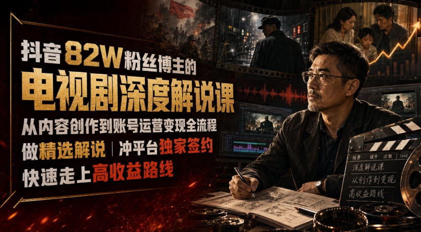 抖音82W粉丝博主的电视剧深度解说课，从内容创作到账号运营变现全流程，做精选解说，冲平台独家签约，快速走上高收益路线-云科数创