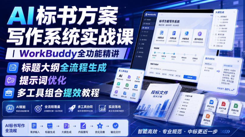 AI标书方案写作系统实战课｜WorkBuddy全功能精讲・标题大纲全流程生成・提示词优化・多工具组合提效教程-云科数创