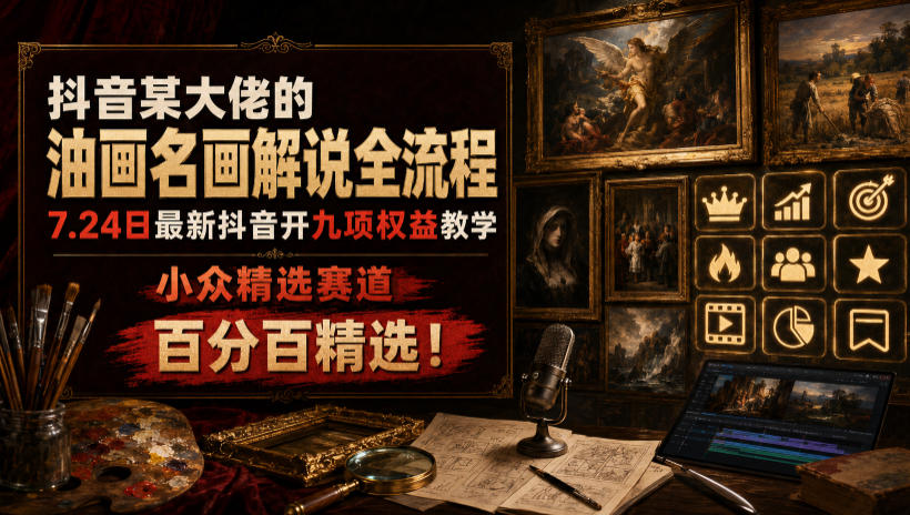 抖音某大佬的油画名画解说全流程，7.24日最新抖音开九项权益教学，小众精选赛道，百分百精选！-云科数创