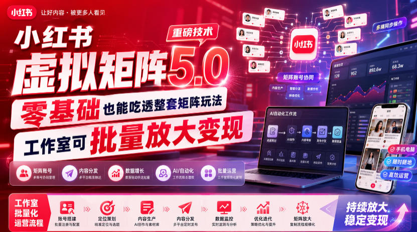 小红书虚拟矩阵5.0重磅技术，零基础也能吃透整套矩阵玩法，工作室可批量放大变现-云科数创