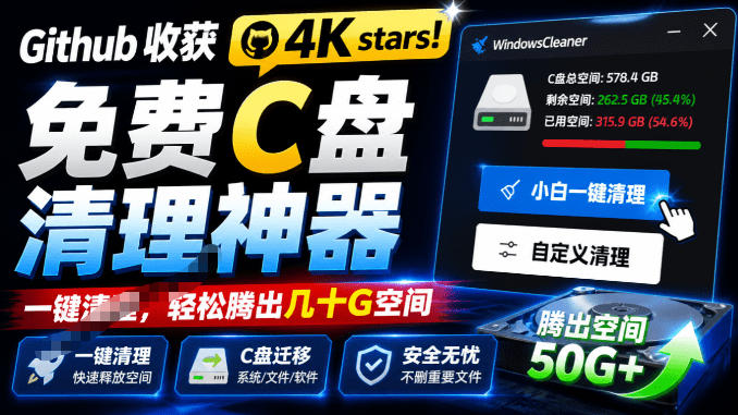 Github收获4K stars！免费C盘清理神器，轻松腾出几十G空间，支持C盘迁移Windows Cleaner-云科数创