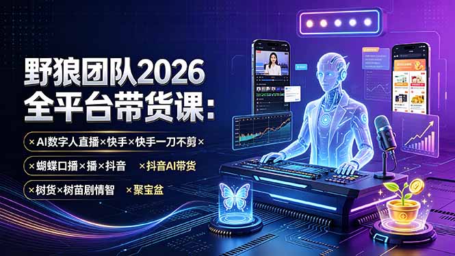 野狼团队2026全平台带货课-7月：AI数字人直播×快手一刀不剪×蝴蝶口播×抖音AI带货×树苗剧情智剪×聚宝盆-云科数创