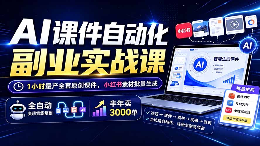 AI课件自动化副业实战课：1小时量产全套原创课件×小红书素材批量生成×全自动变现管线×半年卖3000单-云科数创