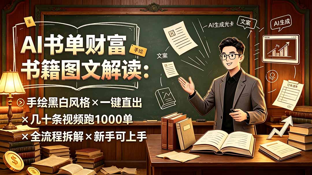 AI书单财富书籍图文解读：手绘黑白风格×一键直出×几十条视频跑1000单×全流程拆解×新手可上手-云科数创