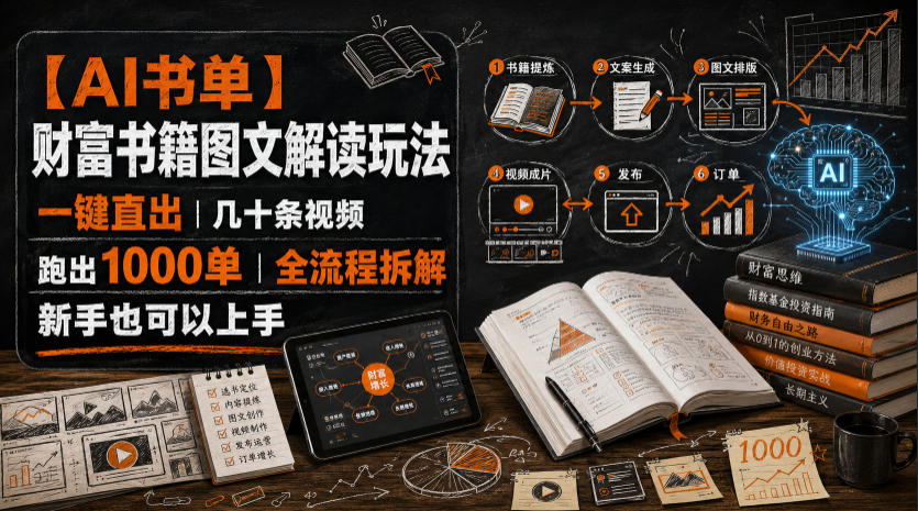【AI书单】财富书籍图文解读玩法，一键直出，几十条视频，跑出1000单，全流程拆解，新手也可以上手-云科数创