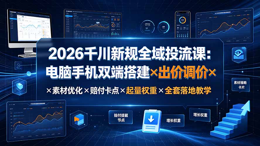 2026千川新规全域投流课：电脑手机双端搭建×出价调价×素材优化×赔付卡点×起量权重×全套落地教学-云科数创