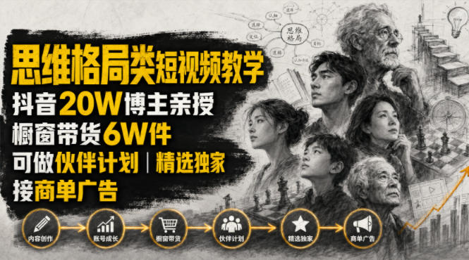 人性思维格局类短视频教学,抖音20W博主亲授,橱窗带货6W件,可做伙伴计划、精选独家、接商单广告-云科数创